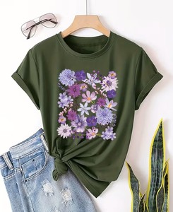 Women's Floral Heart Print 100% Cotton Short Sleeve Crew Neck T-Shirt Casual Spring Summer Wear Breathable Loose Fit - Product Image 6