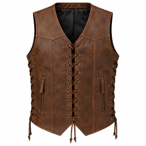 Chaleco de Cuero PU Marrón de Primera Calidad para Hombre, Estilo Motero con Cuello en V y Cordones, con Bolsillos con Cremallera, Otoño 2026 - Product Image 1