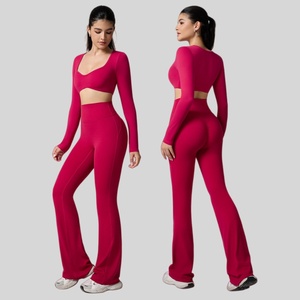 Conjunto Deportivo Transpirable para Mujer, Cuello en V, Manga Larga, Antiarrugas, Top Corto, Pantalones Acampanados con Efecto Levanta Glúteos, 2 Piezas - Product Image 5