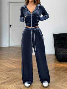 Ensemble de survêtement en velours bleu personnalisé avec strass, sweat à capuche et pantalon, pour l'hiver, 2 pièces, unisexe, streetwear, léger - Product Image 3