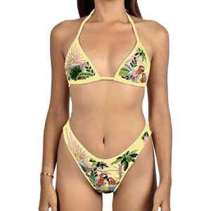 Traje de Baño Brasileño de Dos Piezas para Mujer, Bikini de Nailon con Escote Profundo en V, Estampado Floral, Sexy, con Cordones, Bordado de Cristales, Personalizado en la Parte Delantera - Product Image 3
