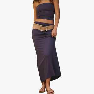 Conjunto de Dos Piezas para Mujer, Top Tubo sin Tirantes con Falda Maxi con Cinturón, Color Sólido, Casual, Verano, Transpirable, Spandex, Poliéster - Product Image 1