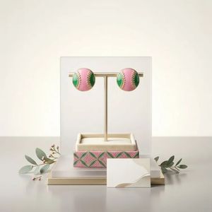 Pendientes de Botón de Béisbol en Oro Rosa de 14K con Detalles en Verde, Joyería de Moda para Mujer, Pendientes Elegantes Inspirados en el Deporte, Accesorio de Regalo para Fiestas - Product Image 1