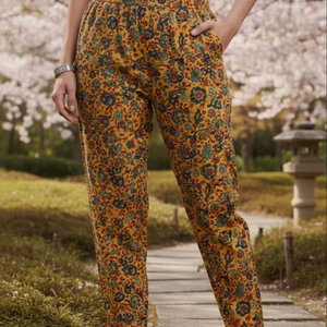 Pantalones informales de algodón puro con estampado floral para mujer, cintura elástica, pantalones informales de algodón sostenible para verano, ropa transpirable - Product Image 1