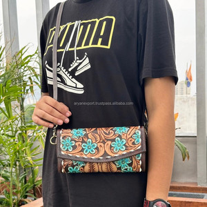 Wholesale Hand Tooled <b>Leather</b> Women <b>Purse</b> Genuine <b>Leather</b> Crossbody Turquoise Floral Wallet Western Boho Floral Cowhide Wallets - Product Image 3