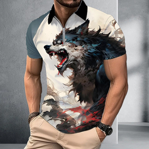 Polo con estampado digital de lobo oscuro rugiente para hombre |   Camiseta Artística con Cierre de Cremallera 1/4 Sublimada |   Ropa de Verano con Motivos Animales en Tonos Fríos y Atrevidos - Product Image 1
