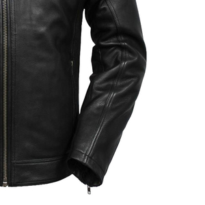 <b>Men's</b> Genuine <b>Leather</b> Slim Breathable Cotton Filled Moto Biker <b>Jacket</b> Mandarin Collar Waterproof Zipper Closure Winter Front - Product Image 5