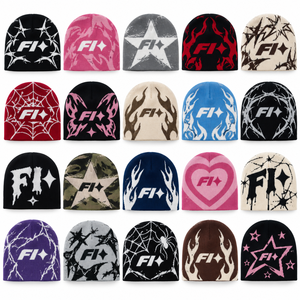 Gorros de punto jacquard personalizados al por mayor de doble cara con logo, gorros de invierno de acrílico estilo hip hop con diseño de telaraña, gorros con lazos de personajes de frutas. - Product Image 3