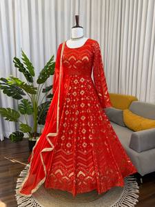Conjunto de Vestido Anarkali Naranja Bordado, Vestido de Fiesta de Boda Largo hasta el Tobillo en Faux Georgette para Mujer - Product Image 5