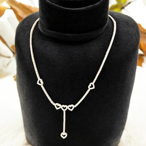 14K White Gold Heart Lariat <b>Necklace</b> Set | Luxury Double Row <b>Y</b>-<b>Necklace</b> with Dangling Heart Pendant Diamond Gift Strand Chain - Product Image 4