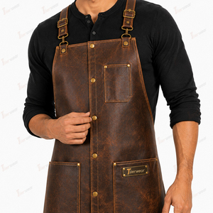 Tablier unisexe en cuir marron avec poches, fermeture à boutons-pression, impression en relief, manches courtes, pour restaurant et bar - Product Image 6