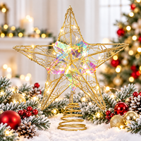 Décor de Noël : Étoile dorée à cinq branches pour le sommet de l'arbre, fonctionnant sur piles, avec centre en cristal holographique et LED blanc chaud
