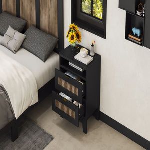 Comodino in Legno Stile Rustico con 2 Cassetti, Decorazione Distintiva con Listelli in Legno, Tavolino Laterale con Armadietto Portaoggetti, Comodino in Metallo - Product Image 3