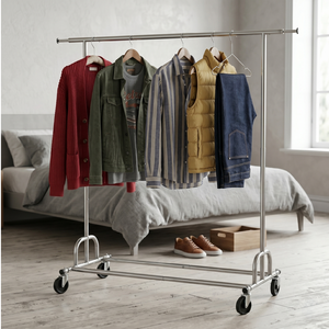 Perchero moderno de metal y acero con ruedas, soporte portátil independiente para almacenamiento de ropa, mueble para dormitorio - Product Image 1