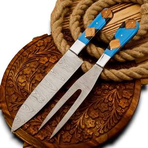 Couteau de Chef et Fourchette en Acier Damas de Haute Qualité, Tranchant comme un Rasoir, Professionnel pour Découpe de Brisket et Barbecue, Ambidextre - Product Image 1