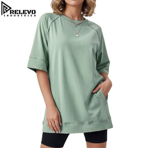 Custom Women's Oversized T-Shirt Sage Green Crewneck, <b>Top</b> Short Sleeve Sweatshirt Side Pockets <b>Raglan</b> Sleeve Casual Lounge - Product Image 1