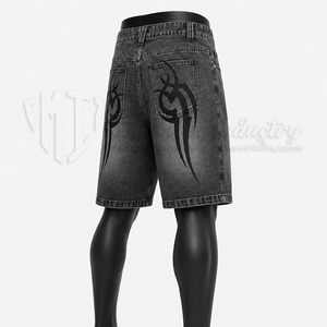 Pantalones Cortos de Mezclilla Personalizados para Hombre, Lavados en Negro, Hasta la Rodilla, Estilo Baggy, con Estampado Gráfico, Casuales, de Verano - Product Image 5