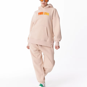 Ensemble deux pièces décontracté d'hiver personnalisé de haute qualité pour femme, grande taille, comprenant un sweat à capuche zippé coupe carrée délavé et un pantalon de jogging ample - Product Image 3