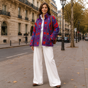 MORVI FAB Chic Veste matelassée en feutre de laine brodée Suzani écologique pour femme, col montant, devant ouvert, motif floral paon, style bohème en coton - Product Image 2