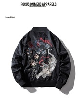Blouson bomber noir brodé de fleurs pour homme, col montant, fermeture éclair, streetwear, coupe-vent, manteau d'automne