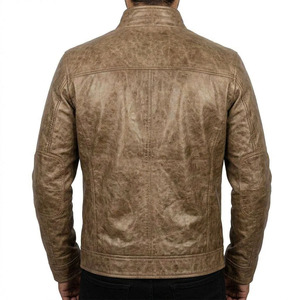 Chaqueta de Cuero Genuino Personalizada Kadia para Hombre, Chaqueta de Motociclista de Cuero Vacuno Beige Desgastado, Corte Ajustado, Cuello Alto, con Bolsillos - Product Image 3