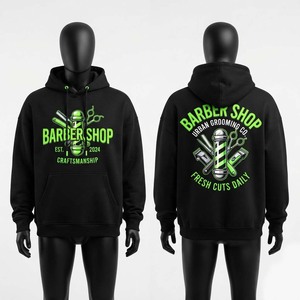 Sudadera con Capucha Premium de 350 GSM, Algodón y Poliéster, para Barbería, Color Negro, con Logotipo Impreso en Verde Neón Personalizado, Bolsillo Tipo Canguro - Product Image 1