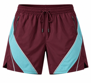 <b>Mens</b> Maroon Teal Breathable Polyester/Cotton Athletic <b>Shorts</b> Mesh Side Panels Mid Waist Drawstring Zip Pockets for Training - Product Image 1