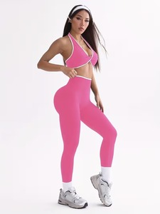 <b>Womens</b> Seamless Activewear 2 Piece Set Crossover Halter <b>Top</b> and Contrast Edge <b>Compression</b> Tights Running Yoga Suit Clothing - Product Image 3