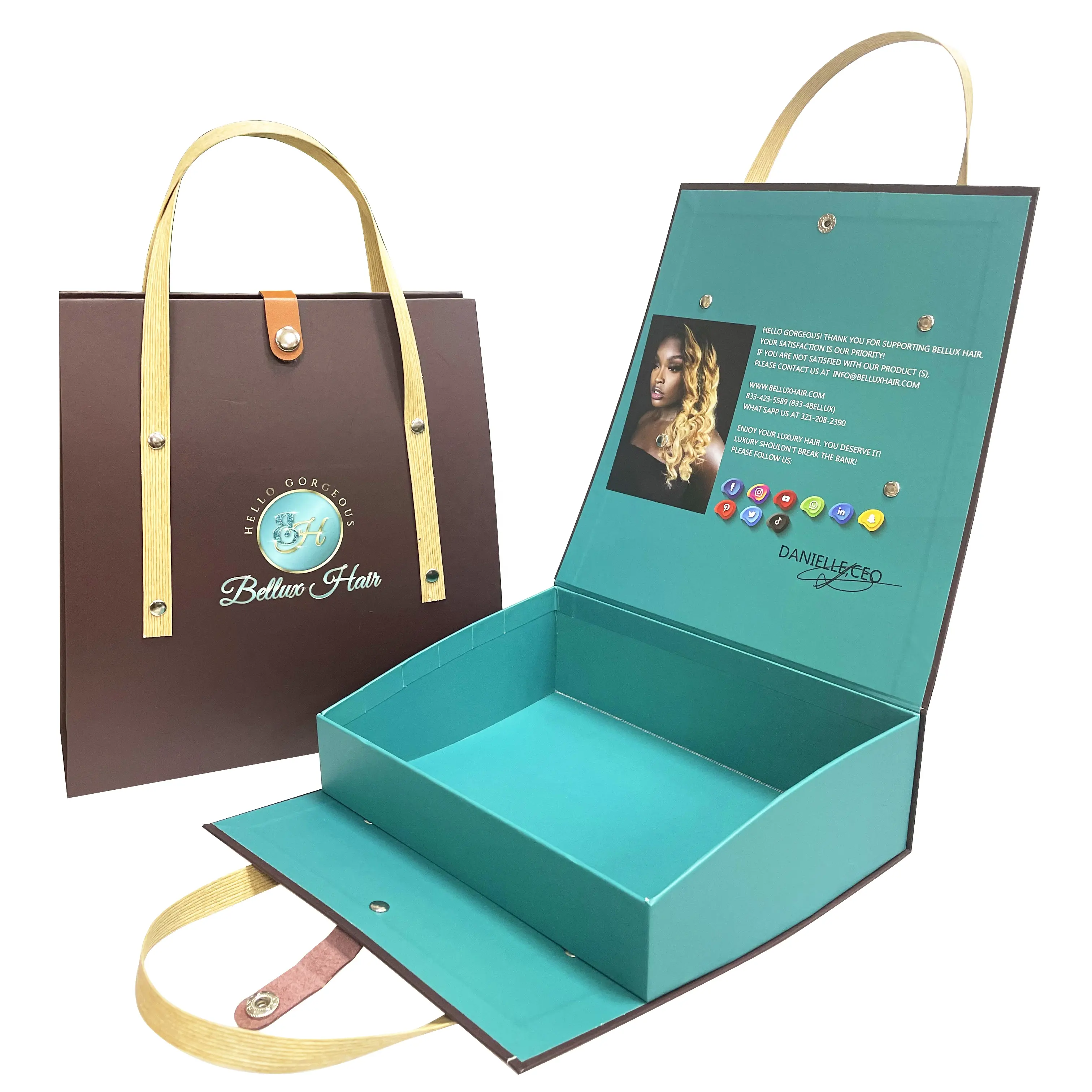 कस्टम चुंबकीय लक्जरी उपहार बाल एक्सटेंशन बॉक्स विग पैकेजिंग बक्से के साथ संभाल बैग