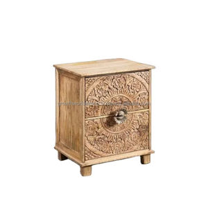 Mesa de Noche Moderna de Madera de Mango Tallada a Mano con 2 Cajones |   Mesa de Noche de Madera Maciza |   Mesa Auxiliar Decorativa para Dormitorio - Product Image 1