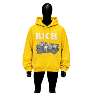 Sudadera con capucha amarilla oversize para hombre, estilo streetwear, con estampado gráfico de letras RICH, con bolsillo, precio al por mayor - Product Image 1