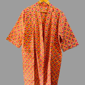 Robe Kimono en Coton à Motifs Floraux Orange avec Ceinture à Rayures – Qualité Supérieure pour Commandes en Gros – Peignoir de Spa et Hôtel - Product Image 1