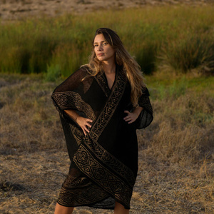 Kimono Sagrado con Estampado Dorado de Diosa, Cárdigan Hecho a Mano para Festivales, Ropa Bohemia, Prenda de Capas para Mujer, Uso Diario - Product Image 3