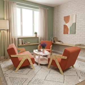 Ensemble de fauteuils orange avec structure en bois et table basse blanche, style mid-century modern, meubles de salon écologiques - Product Image 1