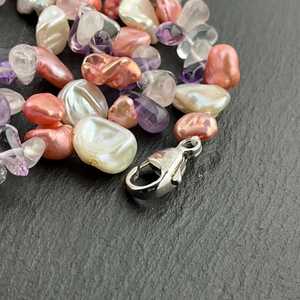Collar de Plata de Ley con Perlas Vintage, Amatista, Cuarzo Rosa, Joyería Hecha a Mano con Múltiples Piedras Preciosas, Elegante Regalo para Mujer - Product Image 6
