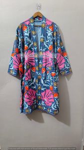 Robe kimono longue pour femme, imprimé floral brodé, manches trois quarts, col rabattu, tissu doux, vêtements de nuit décontractés d'été - Product Image 3