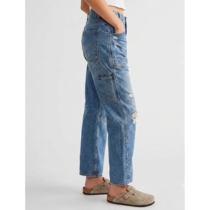 OEM 2026 Pantalones Vaqueros Anchos Desgastados Azules Vintage de Moda Urbana Casual de Verano con Bolsillos Delanteros y Cintura Media para Mujer - Product Image 5