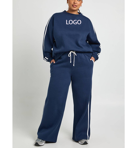 Ensemble de survêtement de jogging pour femme toutes saisons, grande taille, avec bande latérale, vêtements de fitness, manches longues, longueur mi-longue, coton, 2 pièces - Product Image 1
