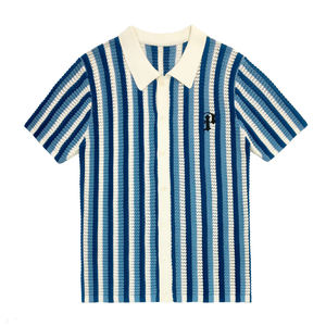 Custom Summer Striped <b>Short</b>-<b>Sleeved</b> Men's T Shirt Slim Lapel Knit <b>Cardigan</b> Factory-Supplied Sweater - Product Image 1