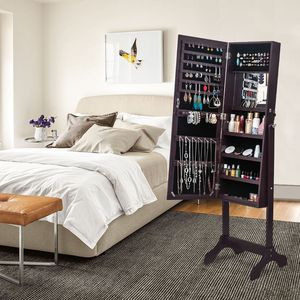 Armadio Portagioie Regolabile Marrone Scuro con Specchio Completo, 4 Ripiani in Legno, da Terra, con Specchio Interno - Product Image 2