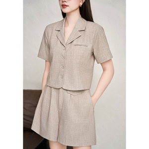 Conjunto de Chaleco Corto y Pantalones Cortos Beige para Mujer, Estilo Casual, Cuello con Muescas, Cómodo, Antiestático, con Botones, ZELDA - Product Image 4
