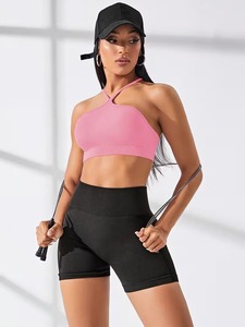 Seamless High Support Halter Neck Sports Bra Crisscross Cami Strap Workout <b>Crop</b> <b>Top</b> Ribbed Underband Yoga Gym Vest Spandex/Nylon - Product Image 4