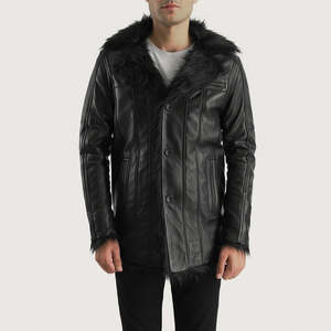 Furcliff Black Leather Men's Stand Collar <b>Coat</b> <b>Zipper</b> Closure Breathable Vintage Style Casual Regular Fit Autumn Polyester - Product Image 4