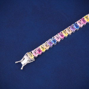 A colorful tennis custom diamond unisex <b>bracelet</b> custom piece Lab grown diamonds 14kt solid white gold Oval cut colorful diamond - Product Image 5
