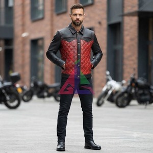 <b>Men's</b> Motorcycle <b>Leather</b> <b>Jacket</b> Red Diamond Quilted Body Black Sleeves Shirt Collar Button Snaps - Product Image 6