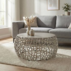 Mesa de Centro Redonda Moderna y Elegante con Tapa de Vidrio Templado y Estructura Metálica, Mueble Decorativo Contemporáneo para Sala de Estar - Product Image 4