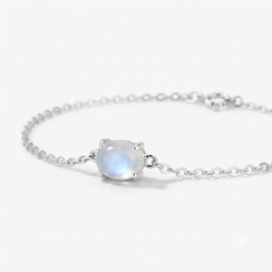 Pulsera de eslabones de plata de ley Rhodia Rhaya Jewels con piedra lunar ovalada cabujón solitario clásico, engaste de puntas, para boda - Product Image 2