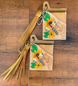 Nouvel arrivage d'étuis porte-cartes ATM en cuir véritable fleuri élégant et mignon petit porte-cartes à pompons de la mode occidentale avec porte-clés - Product Image 2