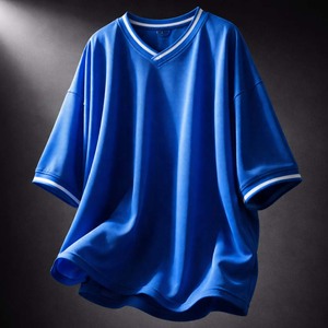 Camiseta deportiva oversize para hombre, azul, cuello en V, malla, estilo urbano, con logo personalizado - Product Image 5