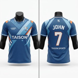 Maillot de tennis de table en polyester premium 240g, impression par transfert thermique, bleu orange, tenue sportive personnalisée pour équipe, grande taille, anti-UV - Product Image 1